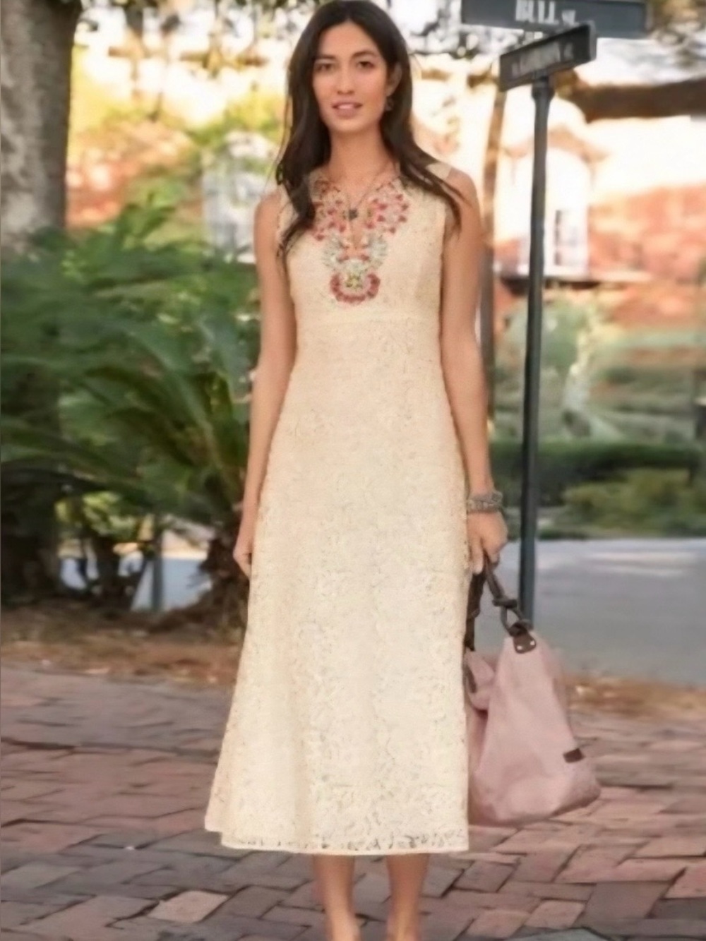 Sundance Cream Lace Maxi Dress with Pink and Green Floral Embroidery